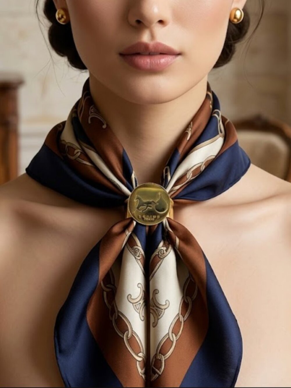 Celine Paris Scarf Ring Embossed 3D Sulky Horse Carriage Gold Tone
